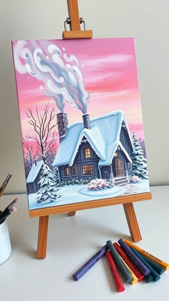 Pastel Christmas Painting Ideas Pastel painting of a snowy Christmas landscape with a cottage and trees.